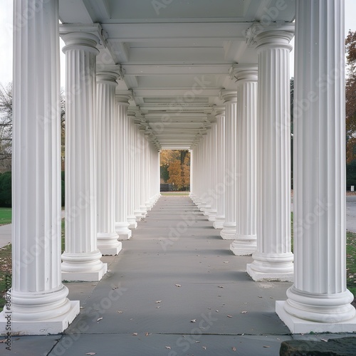 White Columned Walkway Through Trees