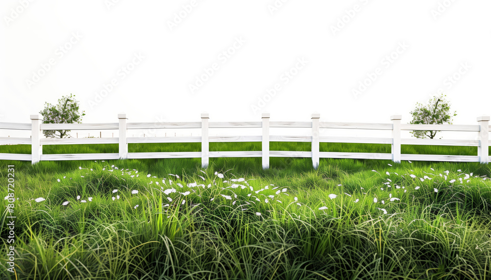 white fence with a green field in the background white fence with a green field in the background