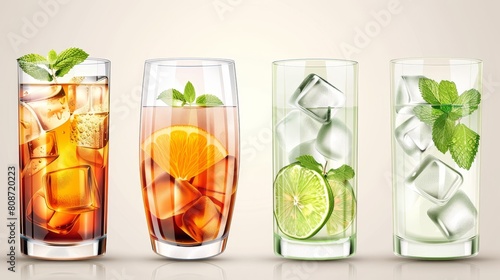 This mockup illustrates transparent cocktail glasses used for well drinks at bars and restaurants. The set also includes realistic modern illustrations of shiny crockery and cafe tableware, as well