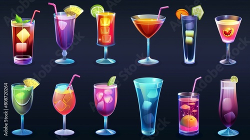 Mockup of transparent cocktail glasses for long drinks with alcohol. Realistic modern illustration of crockery for the kitchen and cafe.