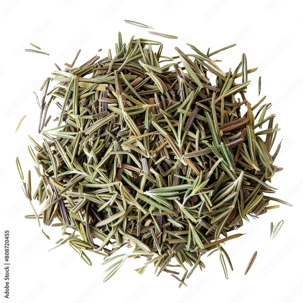 A pile of dried rosemary on a black background.