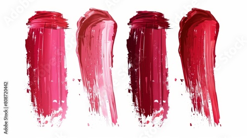 Lipstick or nail polish swatch in red and pink. Illustration of painted lip makeup product brush smudge with a glossy cream brushstroke stripe. Lipgloss or lacquer sample. photo