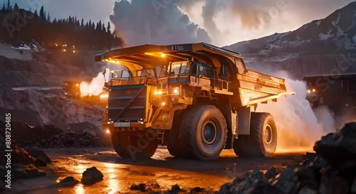 Coal mining operation at night: Large dump truck loading minerals for transportation. Concept Coal mining, Night operation, Large dump truck, Loading minerals, Transportation photo