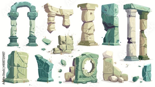 A collection of broken ancient columns isolated on a white background. Illustration of ancient greek or roman arch pillar stones, an abandoned palace, and elements of a historical excavation site.