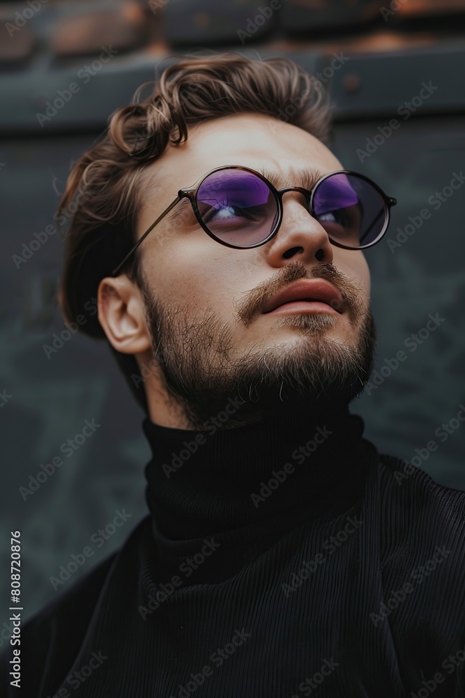 Stylish Man in Black Turtleneck and Pink Sunglasses Stylish Man in Black Turtleneck and Pink Sunglasses