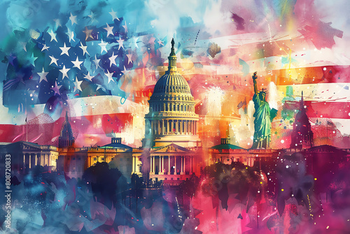 Photorealistic digital illustration of the American flag waving proudly in the foreground, with iconic landmarks like the Statue of Liberty and the Capitol building in the background. photo