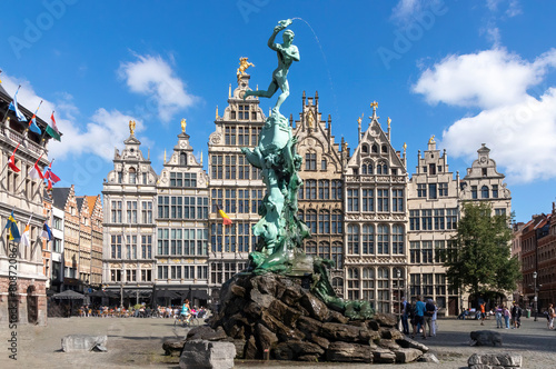 Brabo's monument with Guild houses in the Grote Markt, Antwerp, Belgium photo