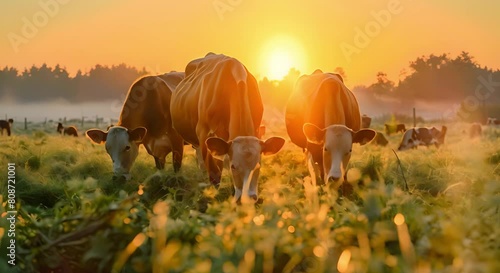 Technologyenhanced sunrise view of cows grazing in de. Concept Technology-Enhanced Photography, Sunrise Landscape, Grazing Cows, Rural Scenery, Digital Editing photo