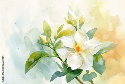 With soft strokes, the Jasmine flower blooms in watercolor, its delicate blossoms and slender vines intertwining to create a mesmerizing tapestry of natural beauty.