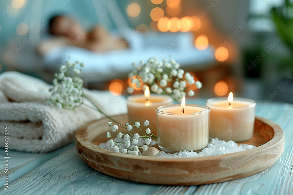 A tray with candles and flowers on it A tray with candles and flowers on it