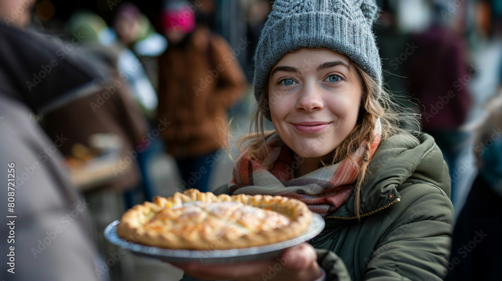 A woman is holding a pie plate and smiling