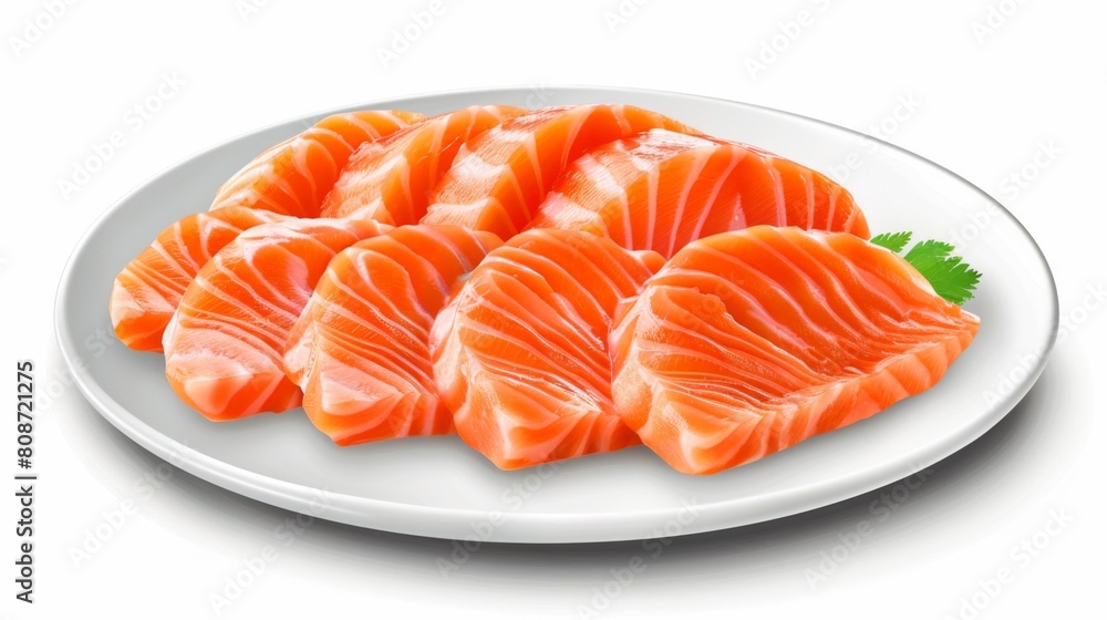 Die cut a plate of salmon sashimi isolated on white background for Japanese food, Asian food, restaurant, menu, recipe, cuisine, sea food, food delivery, social media, print, breakfast, lunch, dinner