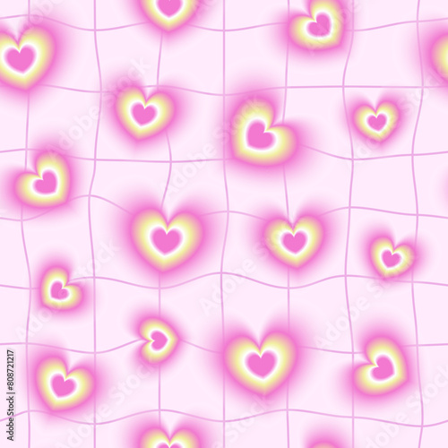 Y2K aesthetic distorted grid seamless pattern with blurred hearts. Trendy abstract psychedelic background.