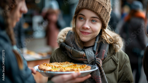 A girl wearing a hat and scarf is holding a pie