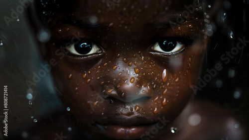 Close-up of the face of an African American boy with raindrops on his face.
