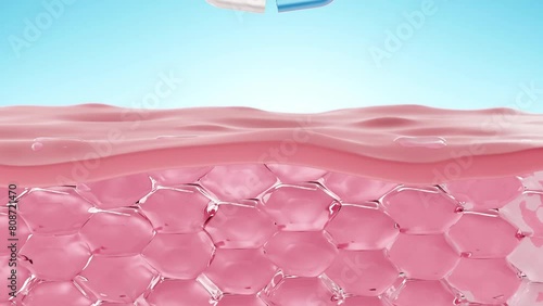 Blue background against the scene of a pill is splitting, then plenty blue essence bubbles fall down and penetrate the scabrous skin, make it smooth. 3D stock for video of cosmetic or beauty product