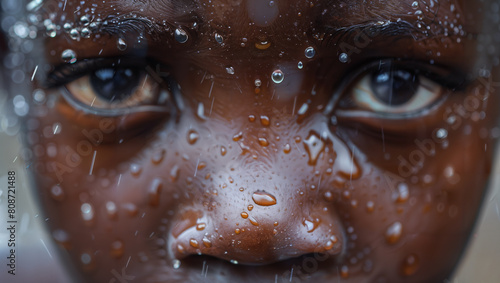 Close-up of the face of an African American boy with raindrops on his face.
