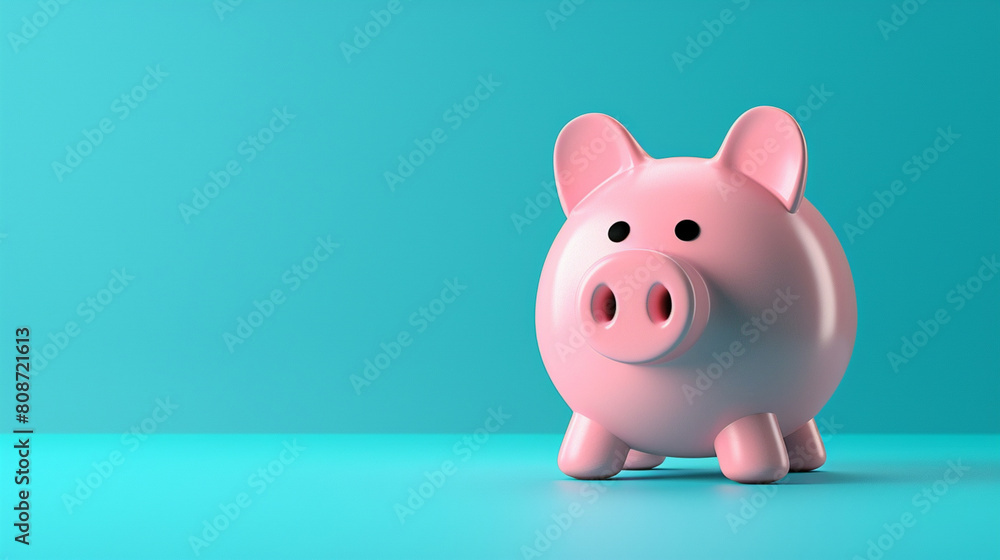 A pink piggy bank sits on a blue background A pink piggy bank sits on a blue background
