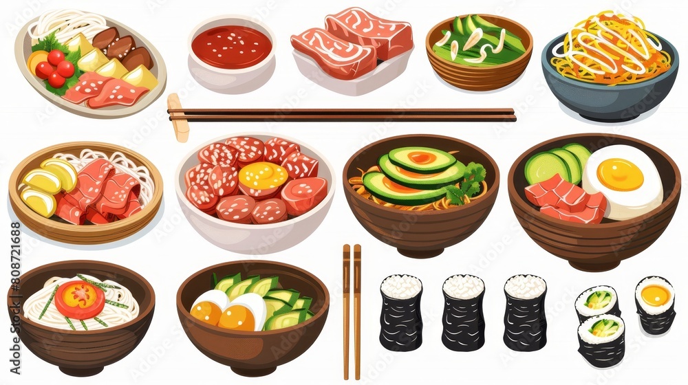 The traditional Korean food set shown here is isolated on white background. Modern cartoon illustration of asian dishes with spicy meat, eggs, vegetables and noodles in bowls, wooden chopsticks, and