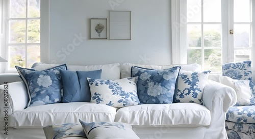 Enhance living room with white and blue country cottage lounge style. Concept Country Cottage Decor, White and Blue Theme, Living Room Makeover, Cozy Lounge Design photo