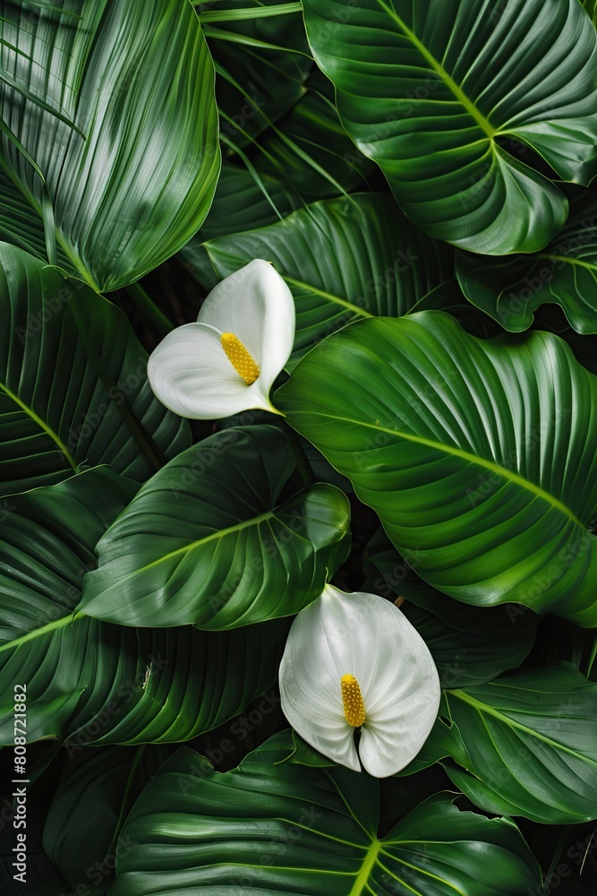 Obraz premium White Flower Surrounded by Green Leaves
