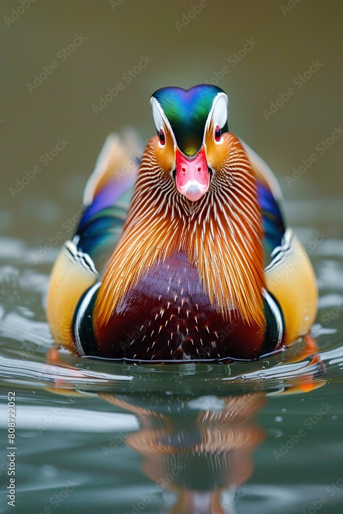 Fotografie Mandarin duck swimming effortlessly on water surface.