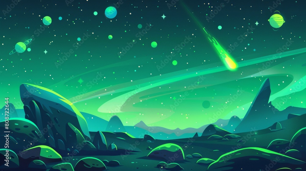 In a fantasy world there is a green space where you can play a game. Cartoon galaxy sky with planet. The outer universe at night with a star modern background. Next to it is a comet graphic.