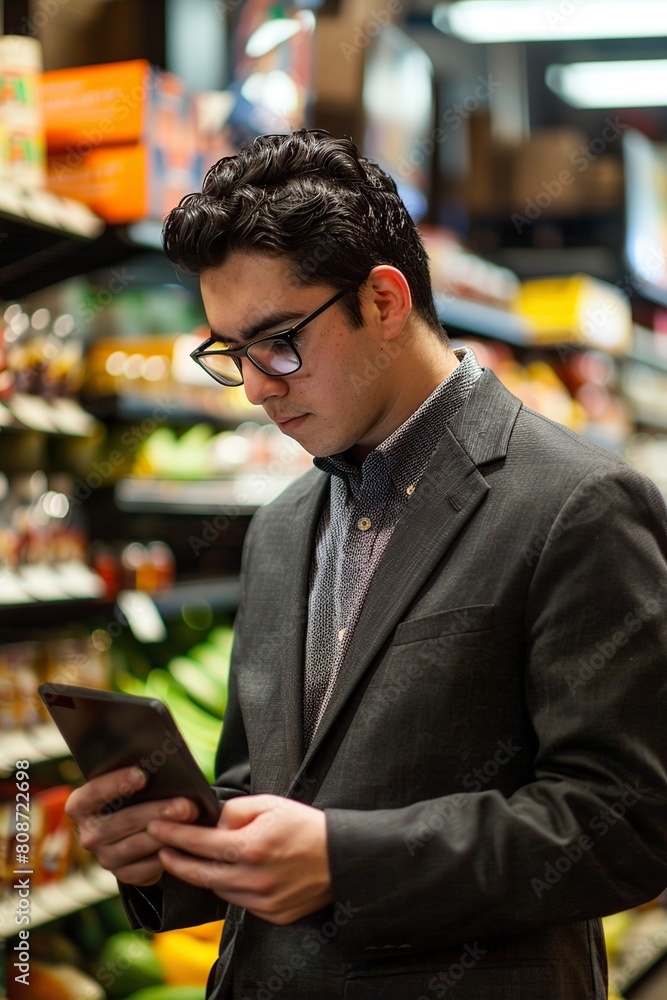 Fototapeta premium Man in Warehouse Looking at Tablet