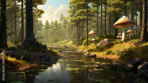 A tranquil scene with agaricus mushrooms growing on the banks of a quiet river flowing through a dense forest. photo