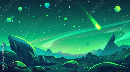 In a fantasy world there is a green space where you can play a game. Cartoon galaxy sky with planet. The outer universe at night with a star modern background. Next to it is a comet graphic. © Mark