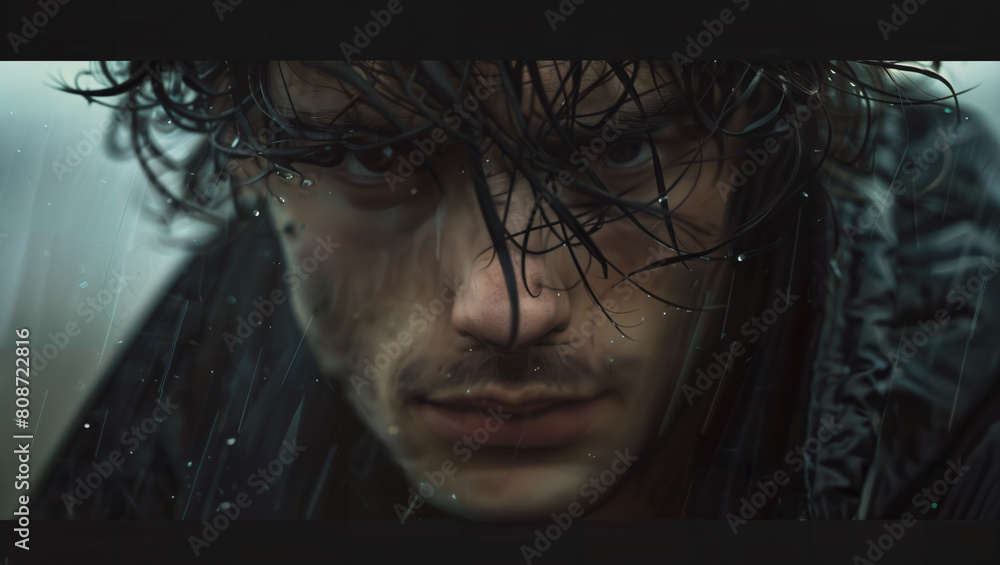 Close-up of the face of a white American man with raindrops on his face in the heavy rain