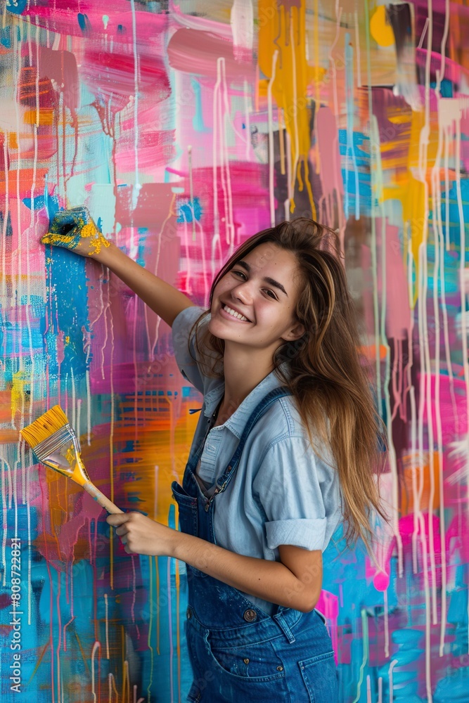 Fototapeta premium Woman Painting Flowers on Wall