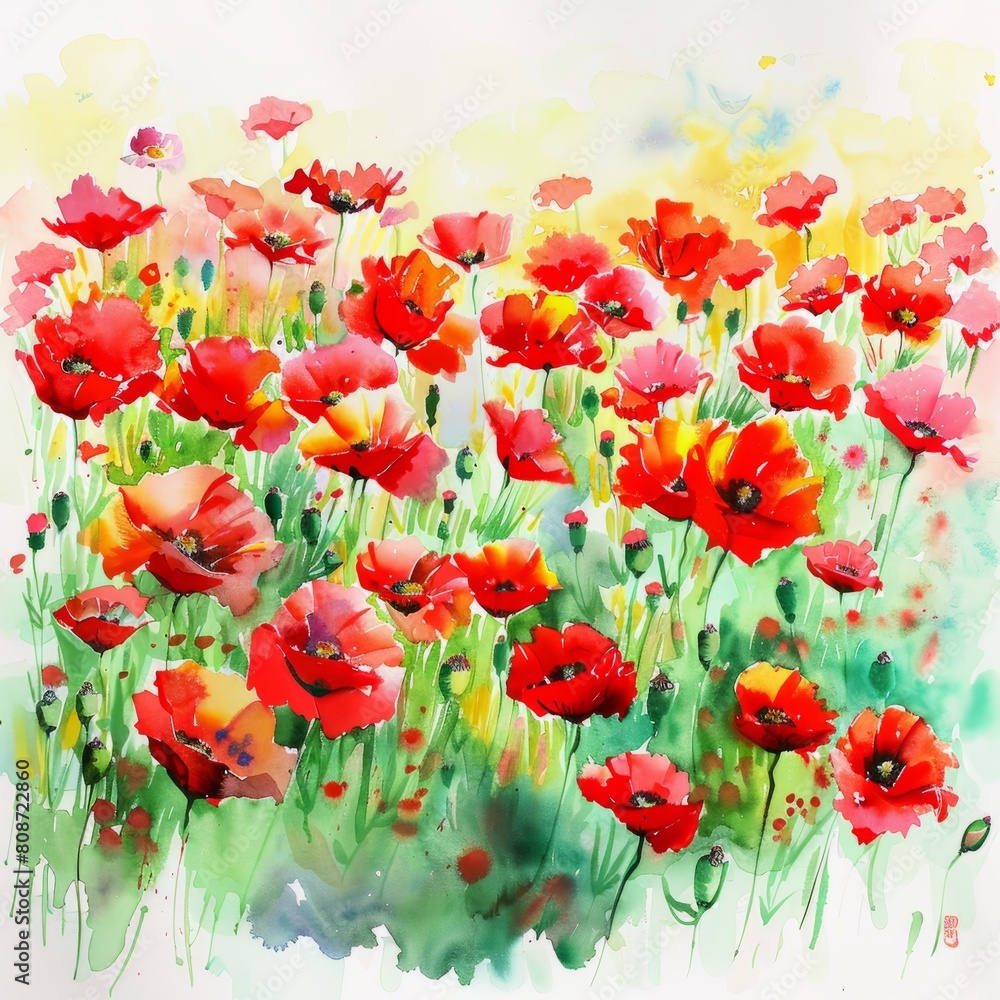 Obraz premium Watercolor painting of a vibrant poppy field ablaze with red blooms, on isolated white background, Generative AI