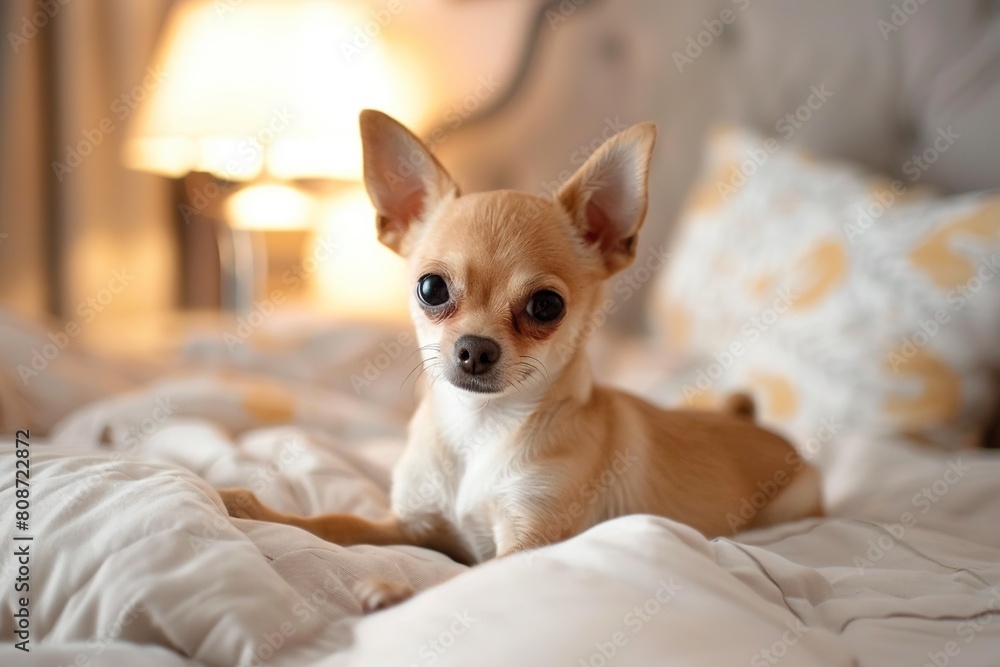 a small beautiful chihuahua puppy on the bed a small beautiful chihuahua puppy on the bed
