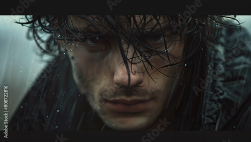 Close-up of the face of a white American man with raindrops on his face in the heavy rain
