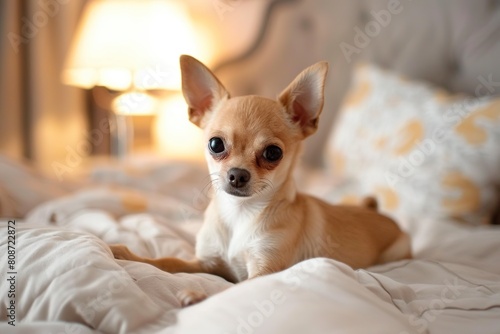 a small beautiful chihuahua puppy on the bed