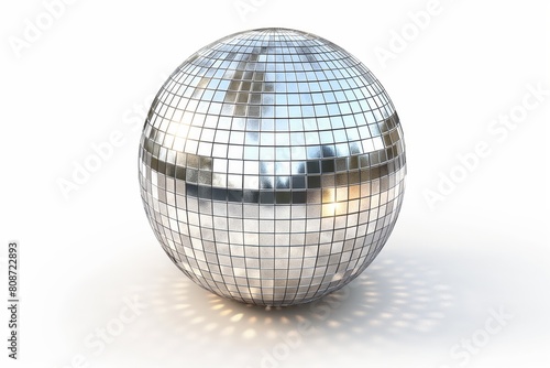 A classic mirror disco ball reflects light, creating a festive ambiance, isolated on a white backdrop