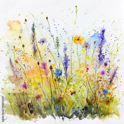 Watercolor painting of a whimsical garden of fantasy flowers in all shapes and colors, on isolated white background, Generative AI