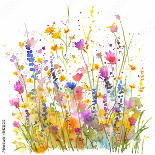 Watercolor painting of a whimsical garden of fantasy flowers in all shapes and colors, on isolated white background, Generative AI
