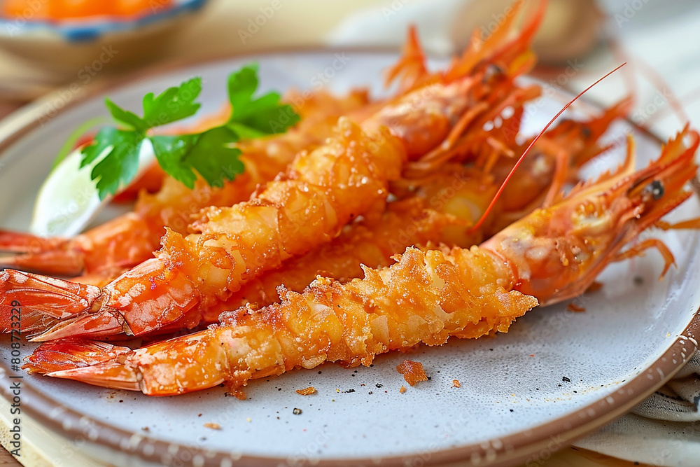 fried crispy prawn on a plate closeup shot generated by AI	