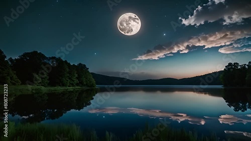 In the night darkness, an aura of inexplicable beauty and fascination hovers over the lake, illuminated by the ethereal light of the full moon.