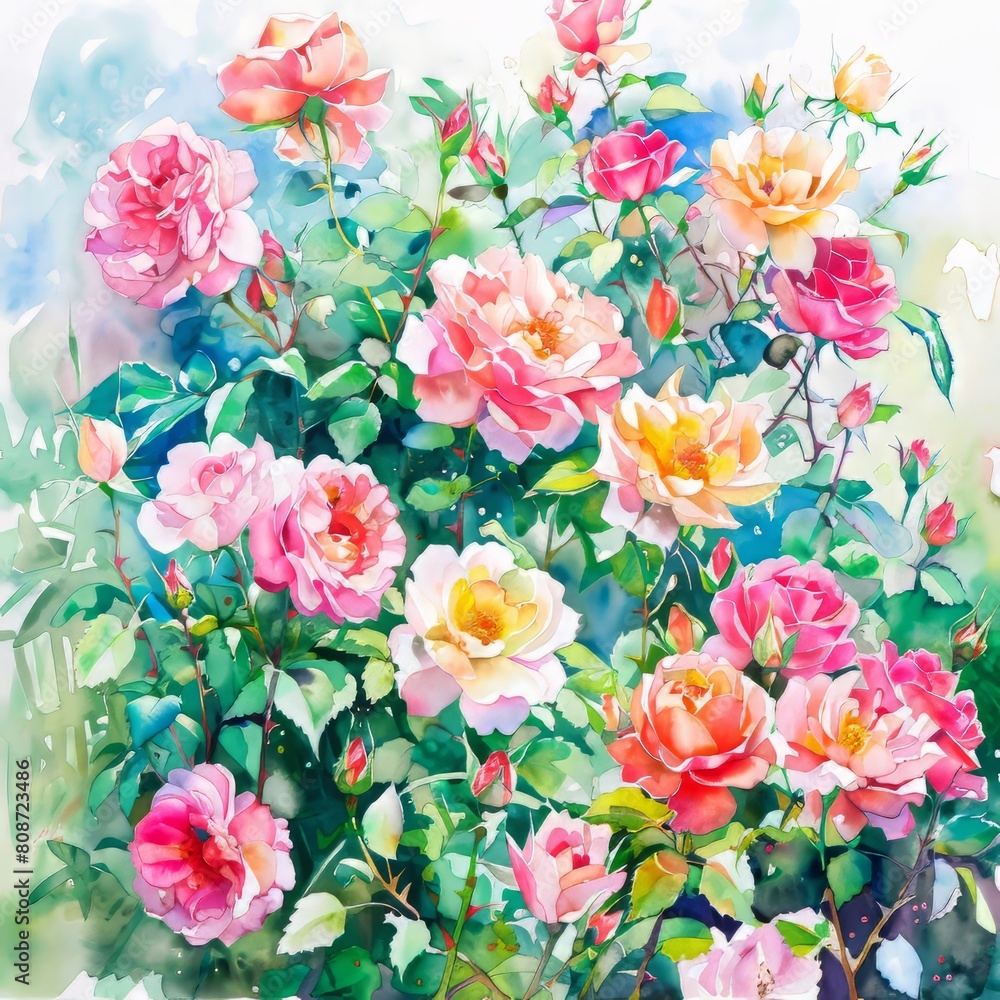 Watercolor painting of an elegant rose garden filled with blooms of various colors, on isolated white background, Generative AI Watercolor painting of an elegant rose garden filled with blooms of various colors, on isolated white background, Generative AI