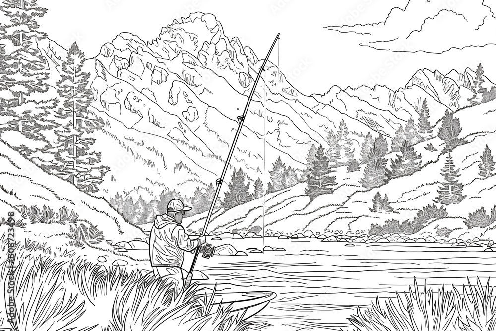 Monochrome drawing of a mountain slope with trees near a lake