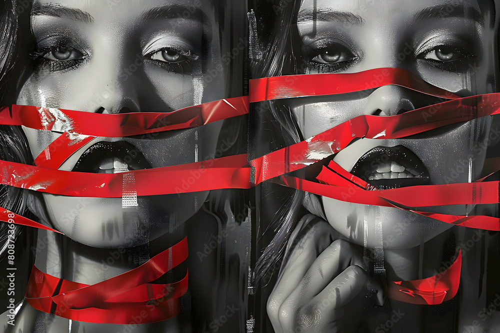 Φωτογραφία World Press Freedom Day Art: Women with Red Tape Over Their Mouths, Close-Up Por