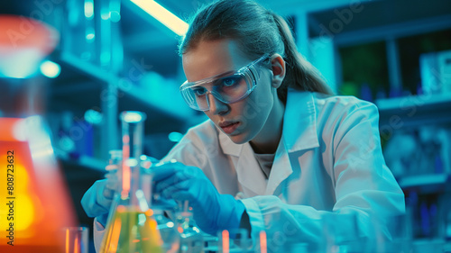 A photograph of a "Young Scientist Conducting Experiments in a Well-Equipped Laboratory" with studio lighting