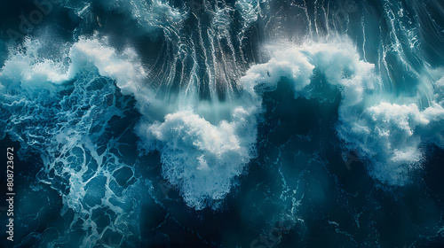 An aerial view of powerful ocean waves crashing and foaming, displaying the intense energy and movement of the sea
