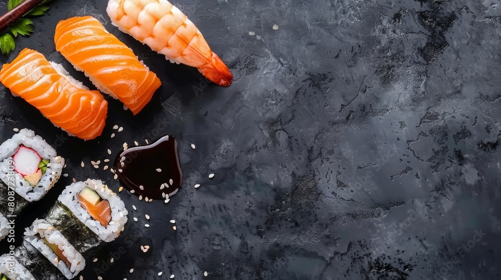 Assorted sushi and maki rolls with soy sauce on black background. Top view with copy space Assorted sushi and maki rolls with soy sauce on black background. Top view with copy space