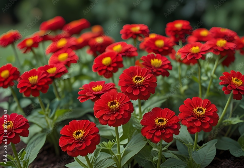 Vibrant red zinnias blooming in a flower bed, generative AI Vibrant red zinnias blooming in a flower bed, generative AI