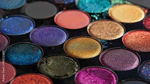 A vibrant palette of eyeshadows arranged elegantly on a makeup table.