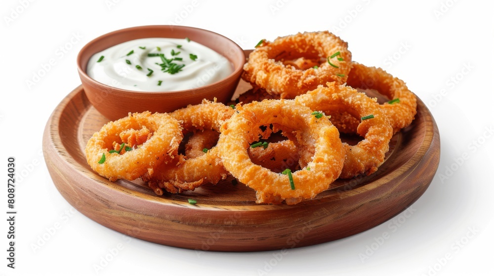 Die cut of Onion rings with dip Deep-fried flour with sour cream sauce on wooden plate on white isolated. Die cut of Onion rings with dip Deep-fried flour with sour cream sauce on wooden plate on white isolated.